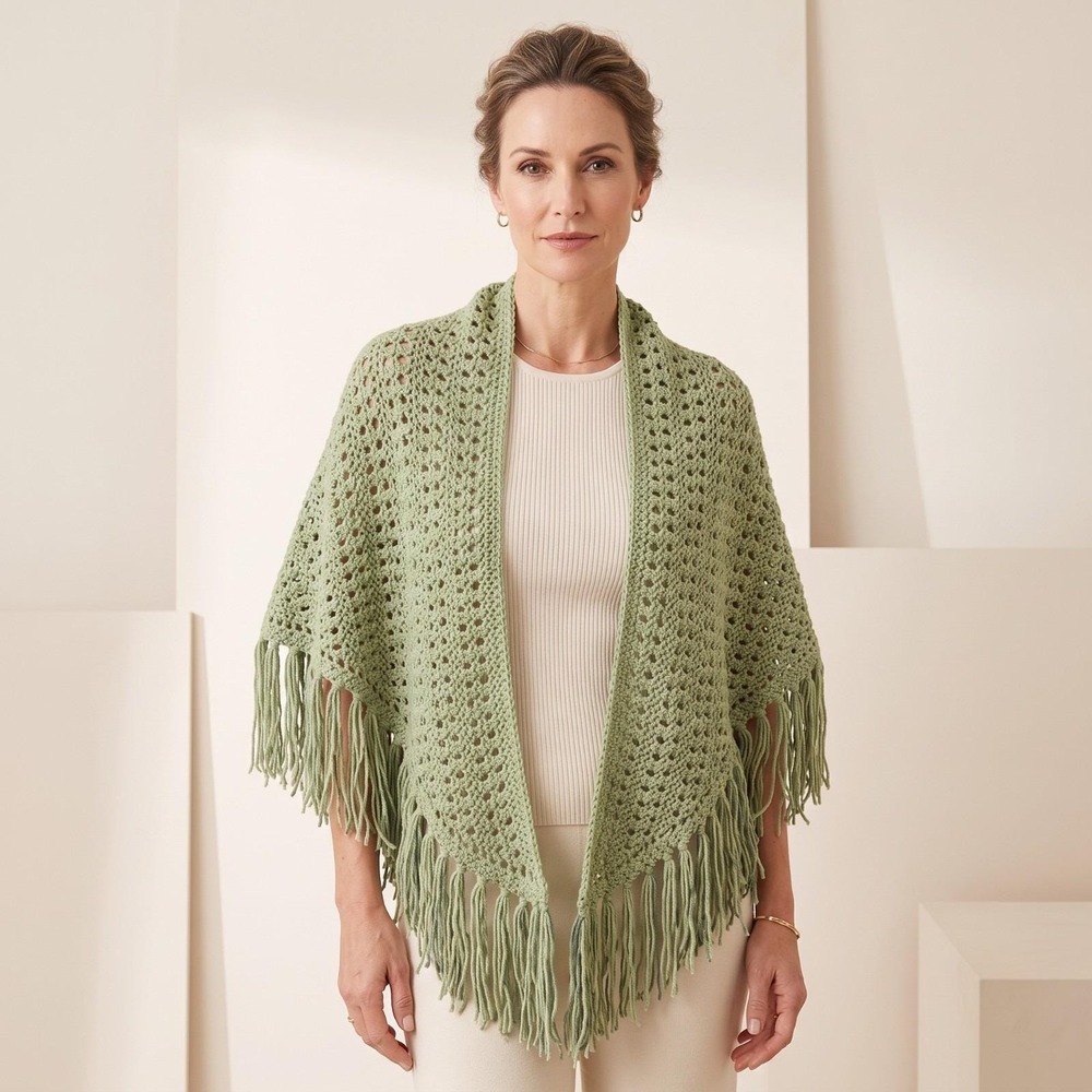 NEW Light Green Hand Knitted Knit Shawl Wrap Boho Hippie Fringe Art Cottage